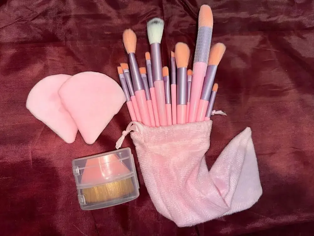 Pink Makeup Brush Set with Pouch, Powder Puffs, and Foundation Brush in Case